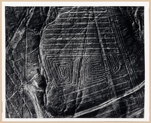 Aerial view of the ancient earthwork "Squared Spirals", Nazca, Peru