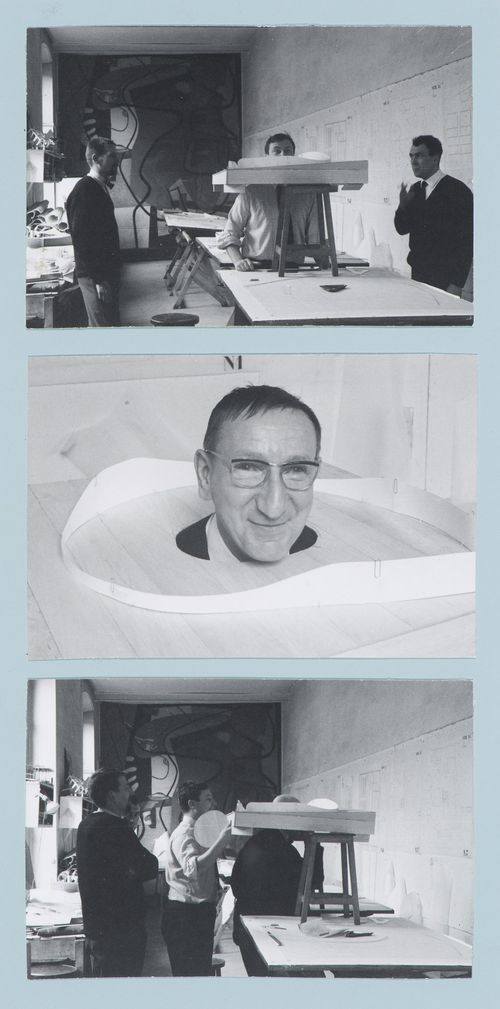 Three views within Le Corbusier's atelier of the roof-top model for the Palais des congrès, Strasbourg