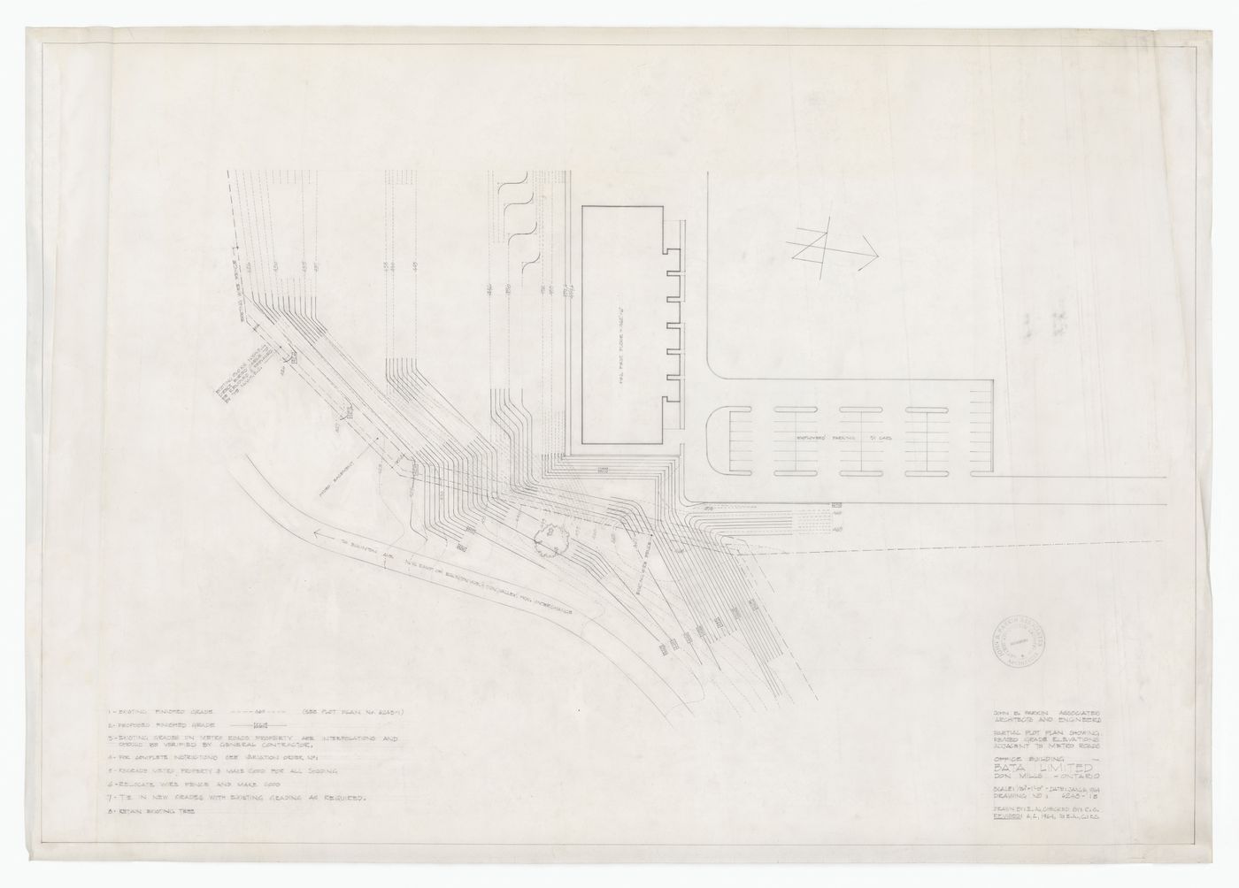 Partial plot plan showing revised grade elevations adjacent to metro roads for Bata Limited Office Building, Don Mills, Ontario