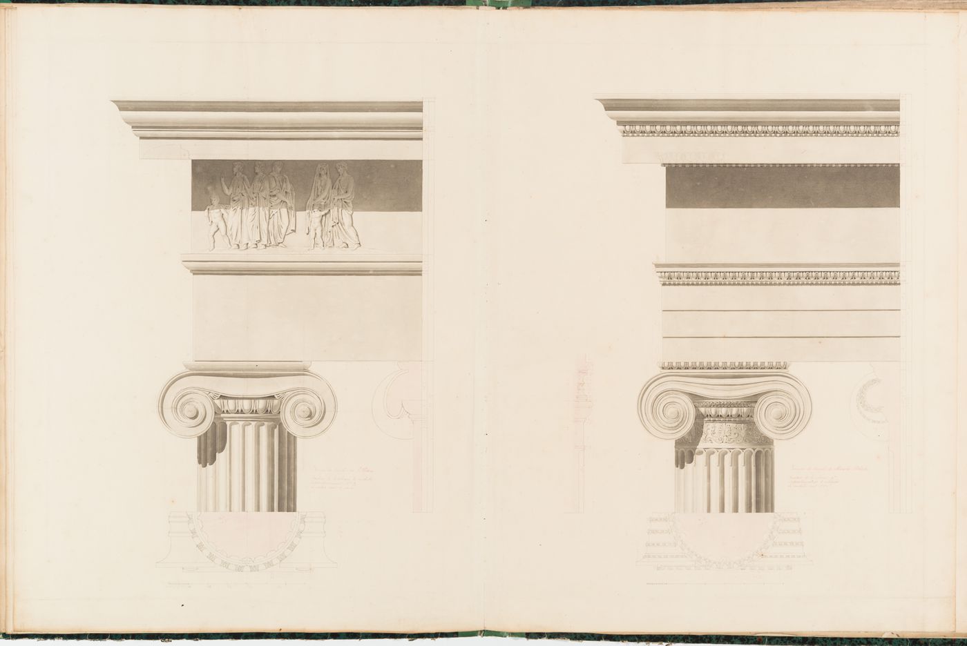 Elevations of shafts, capitals, and entablatures from two Ionic temples with plan and section details of the shafts and capitals: Temple on the Illisuss and the Temple of Athena Nike, Athens