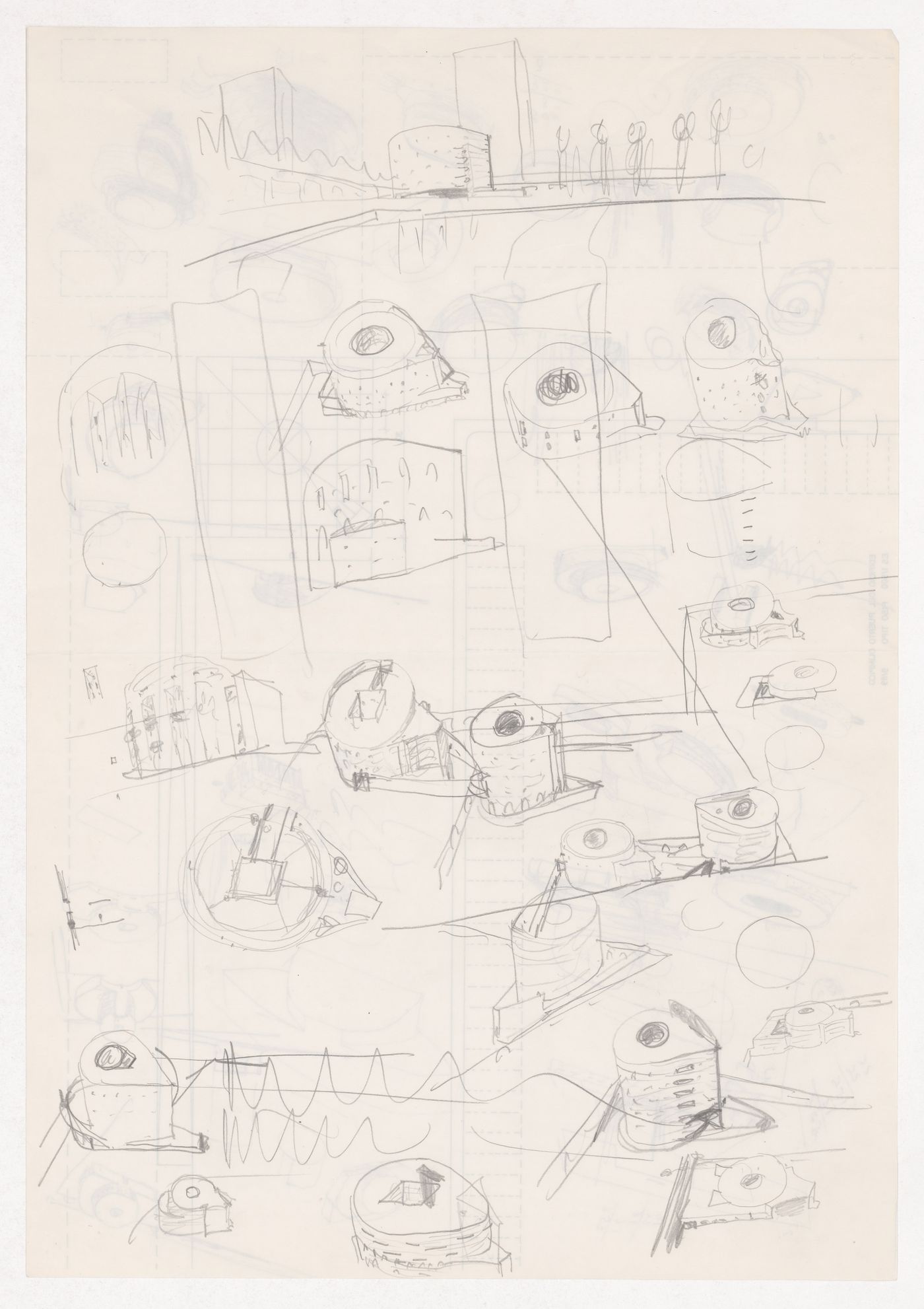 Sketch axonometric views and perspectives for Centro Meteorológico da Villa Olimpica, Barcelona, Spain; verso: Sketch axonometric views, perspectives, and details for Centro Meteorológico da Villa Olimpica, Barcelona, Spain