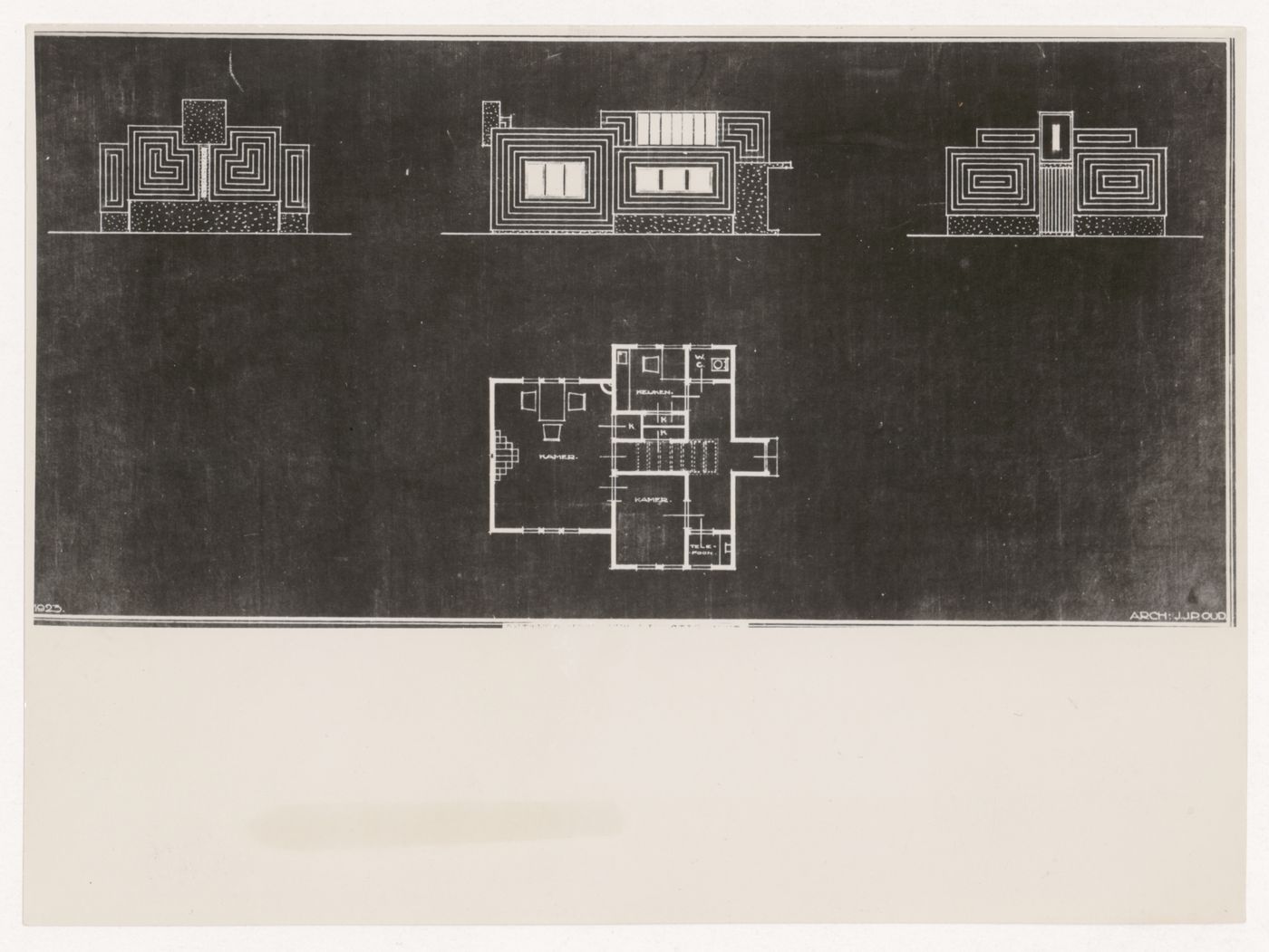 Photograph of a plan and elevations for the temporary construction administration building, Oud-Mathenesse Quarter, Rotterdam, Netherlands
