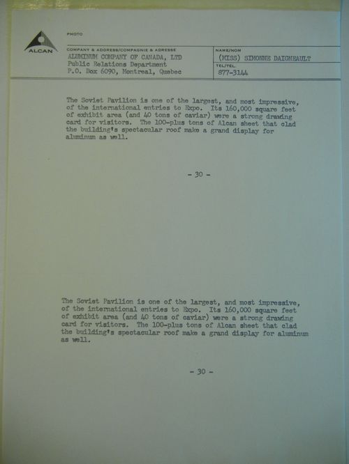 Description of the Pavilion of the Soviet Union, Expo 67, Montréal, Québec