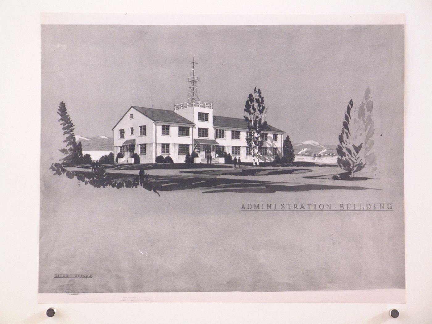 Photograph of a perspective drawing for or of the Administration Building, United States Naval Air Base, Sitka, Alaska