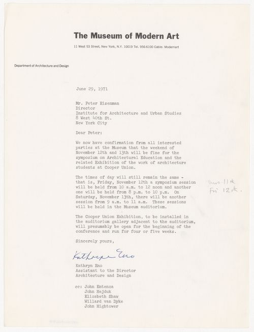 Letter from Kathryn Eno to Peter D. Eisenman about schedule for a symposium at The Museum of Modern Art (MOMA)