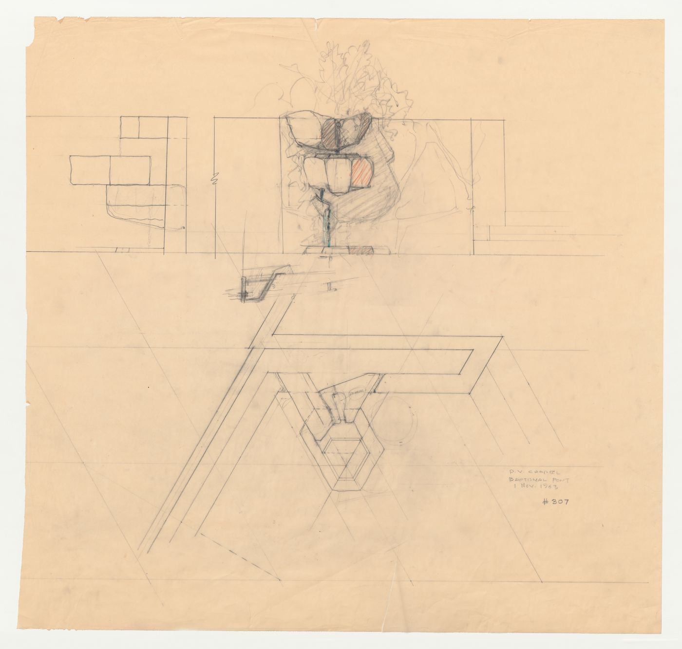 Wayfarers' Chapel, Palos Verdes, California: Elevation, plan and sketch section for the baptismal font