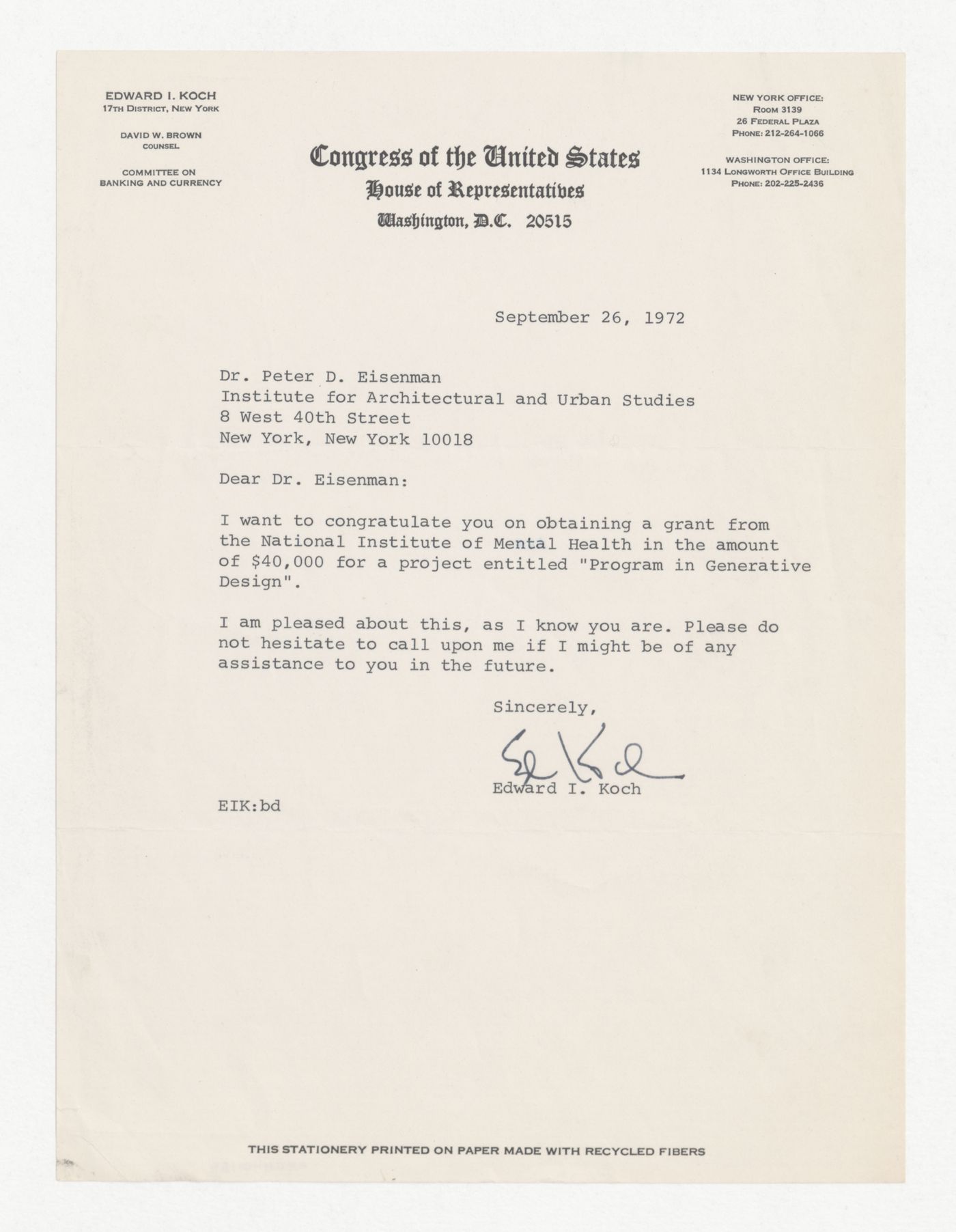 Letter from Edward I. Koch to Peter D. Eisenman congratulating IAUS for a grant of the National Institute of Mental Health (NIMH)