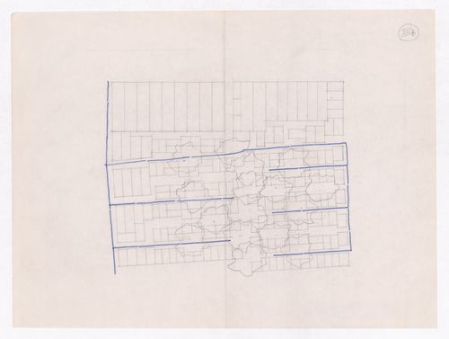 Sketch showing plots layout development for Minimum Cost Housing Group's plot in Aranya township, India, for Aranya Housing Project