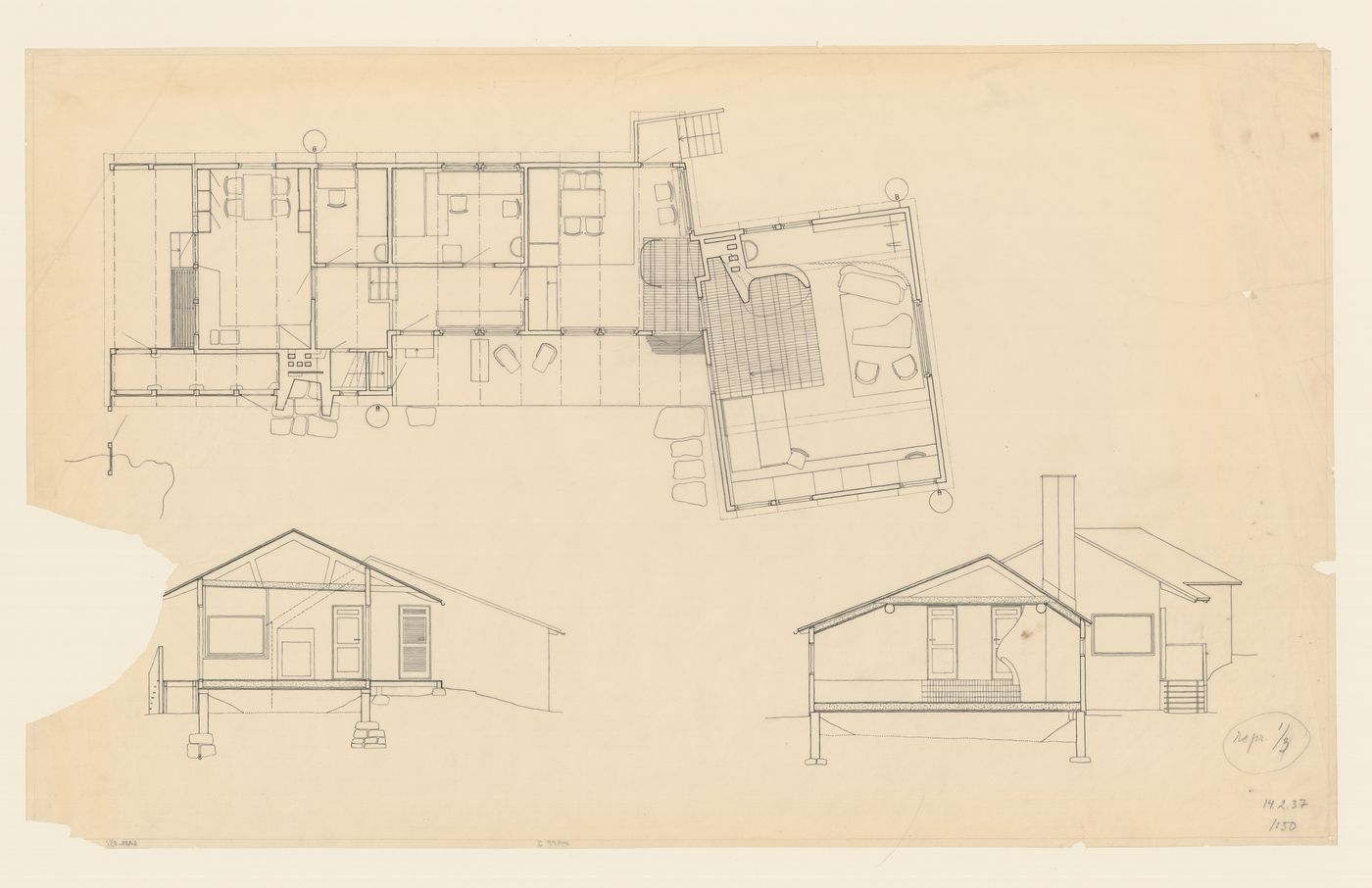 Plan, cross section and sectional elevation for Stennäs, Sorunda, Sweden