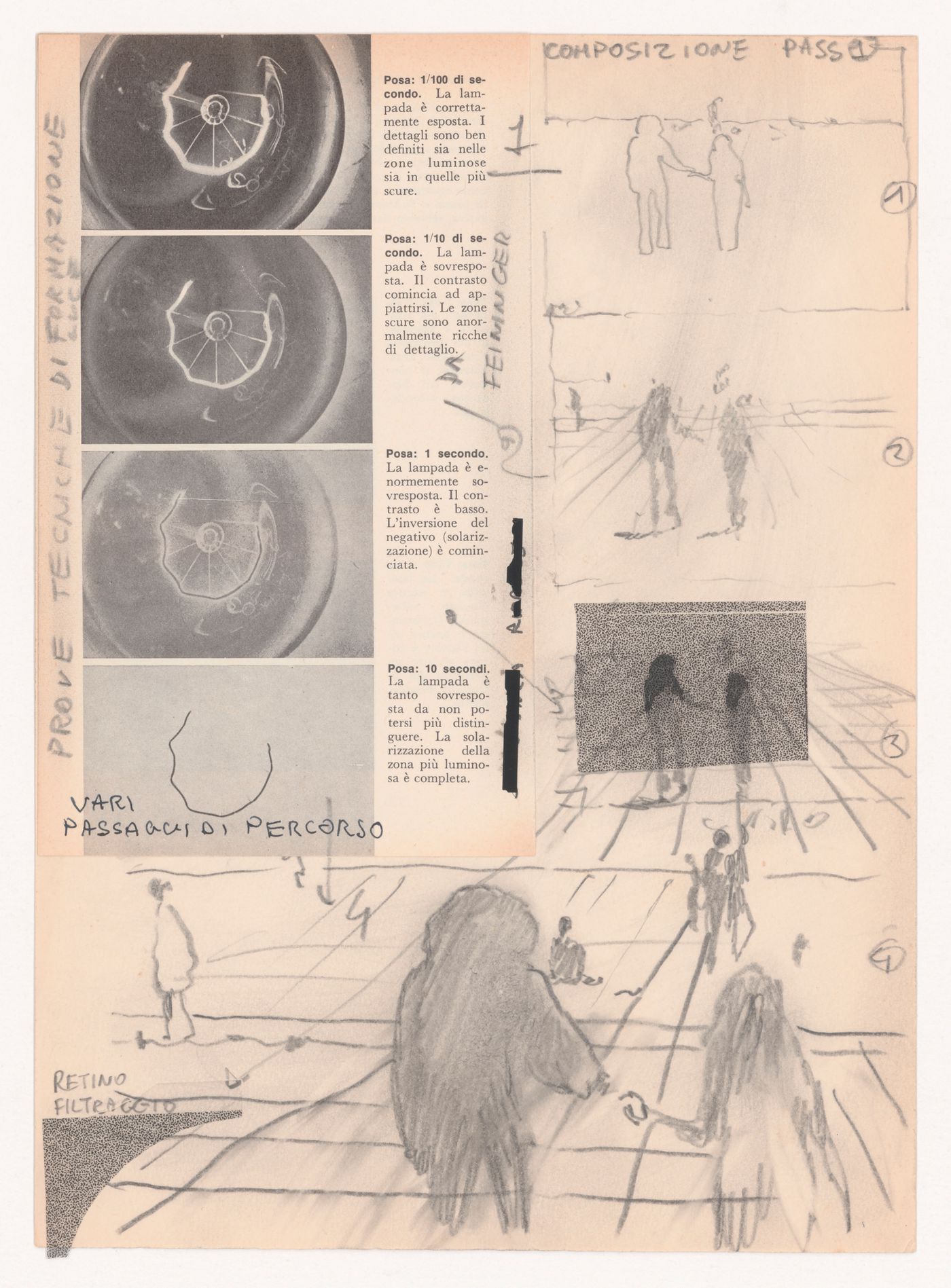 Sketches of closing scene with descriptions of lighting techniques for Supersuperficie [Supersurface]