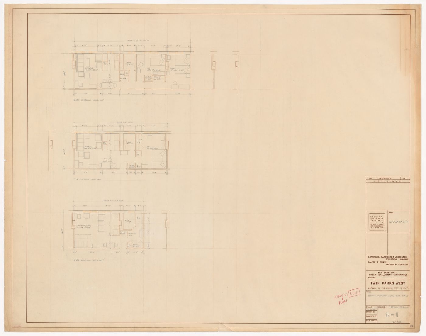 Typical corridor level unit plans for Twin Parks West, Sites R5-7, 10-12, 6, Bronx, New York