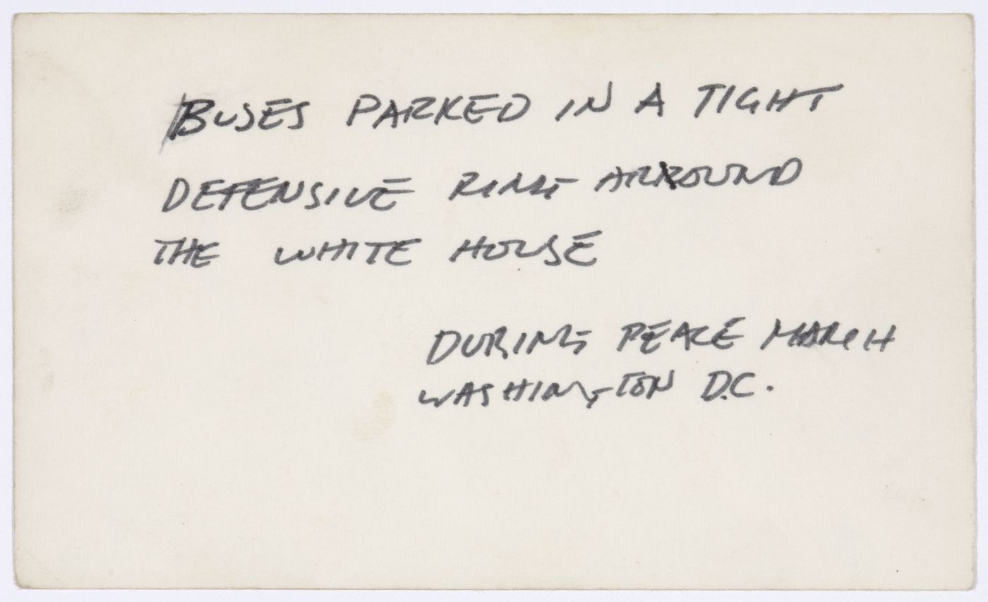 Buses parked in a tight defensive ring ar[r]ound the white house during Peace March Washington D.C.