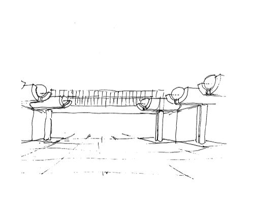 General Motors Advanced Concepts Center, Malibu, California: Perspective sketch of entry with concrete scoop canopies