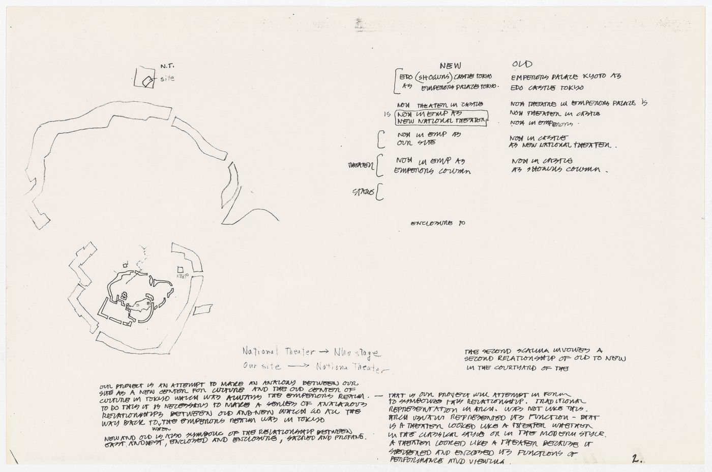 Sketch and notes for Tokyo Opera House Competition, Tokyo, Japan