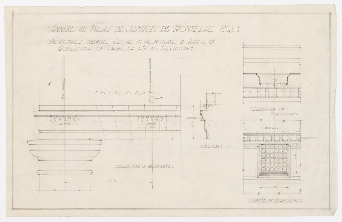 Détails des modillons de la corniche rue Notre-Dame, Annexe au Palais de Justice de Montréal, Montréal, Canada