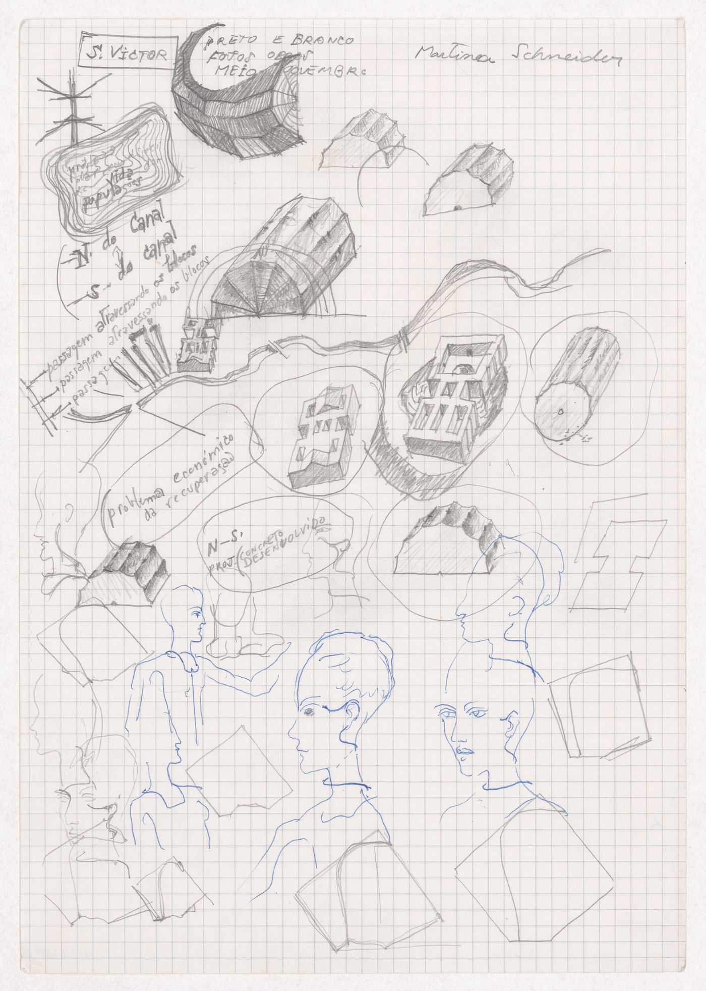 Sketch axonometric views, spur gear forms, and people with notes for Blocke 70 und 89, Kreuzberg, Fränkelufer, Berlin, Germany