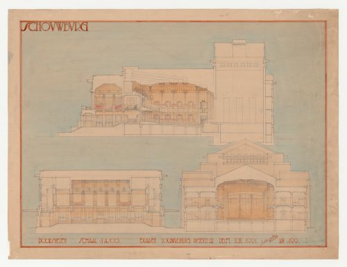 Student presentation drawing showing sections for a theatre, Technische Hogeschool Delft, Netherlands