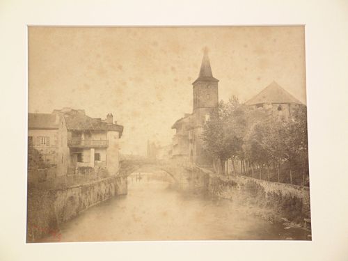 View of town, including church, Nive river in foreground, Saint-Jean-Pied-de-Port, France