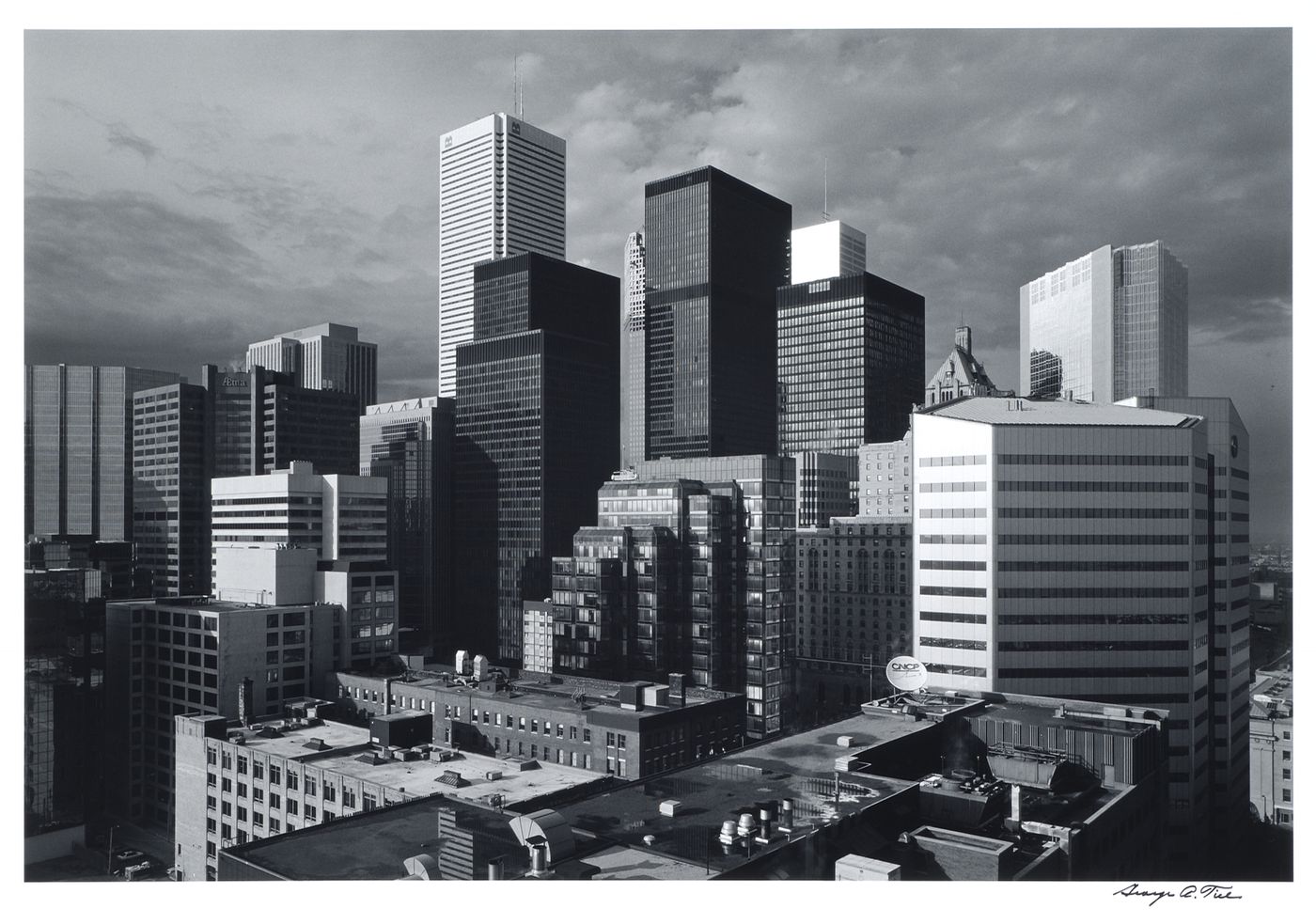 View of the banking district of Toronto at sunset showing the Commercial Union Tower, the Royal Trust Tower, the Toronto-Dominion Bank Tower and the IBM Tower