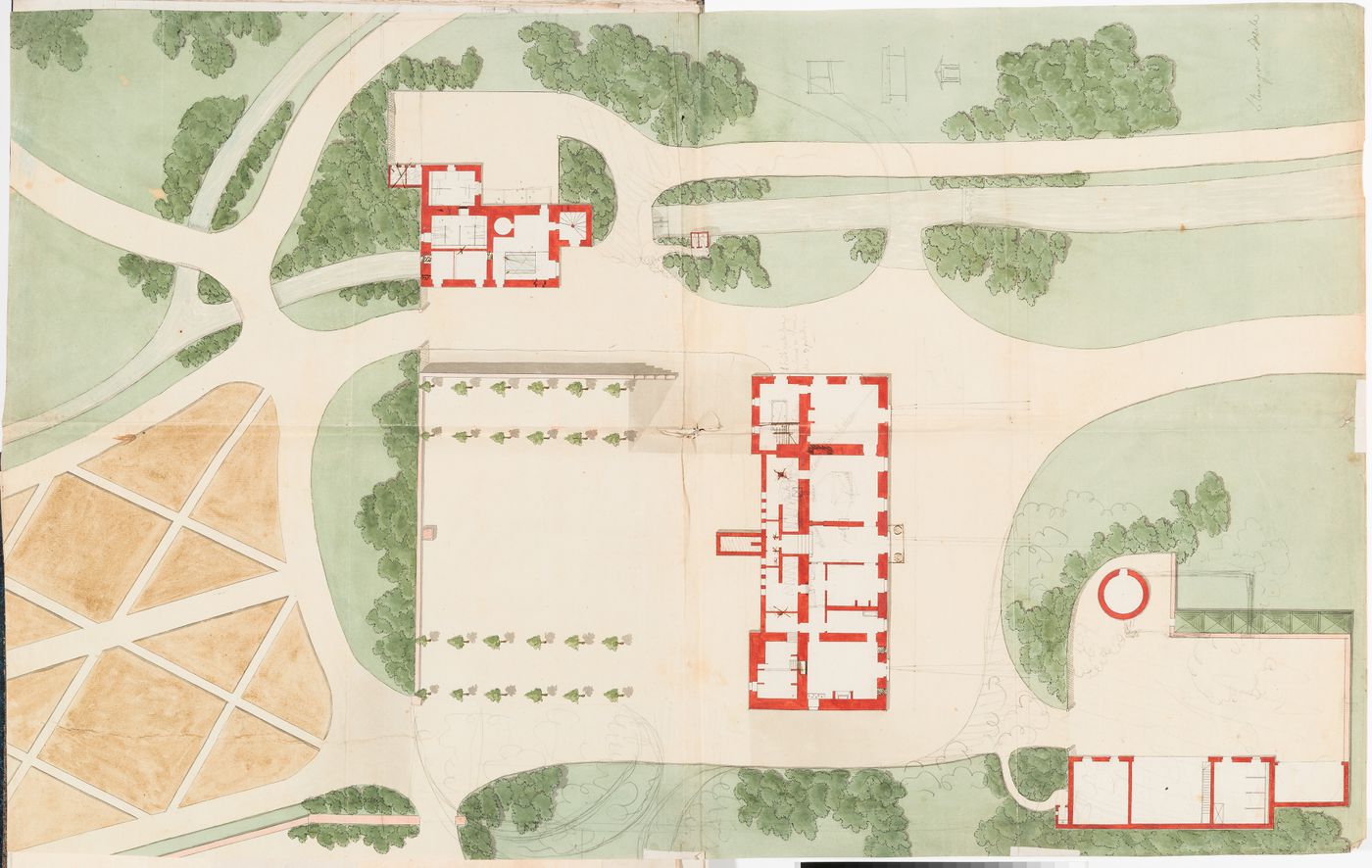Partial site plan for Domaine de La Vallée showing the house and adjacent outbuildings; verso: Preliminary sketches, possibly for Domaine de La Vallée
