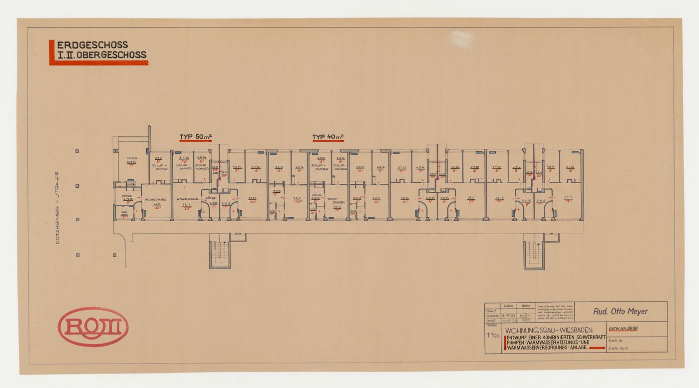 Ground plan for air pressure pumps, warm water heating, and warm water supply for a housing estate, Wiesbaden, Germany