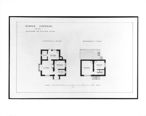 Ground and first floor plans for a single cottage, Estate of Charleville Castle, Tullamore, County Offaly, Ireland.