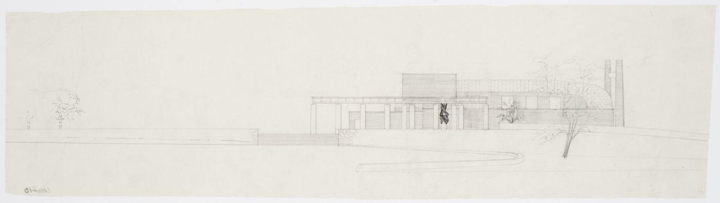 South elevation for Monument Hall and the Chapel of the Holy Cross showing Resurrection Monument, Woodland Crematorium, Woodland Cemetery, Stockholm, Sweden