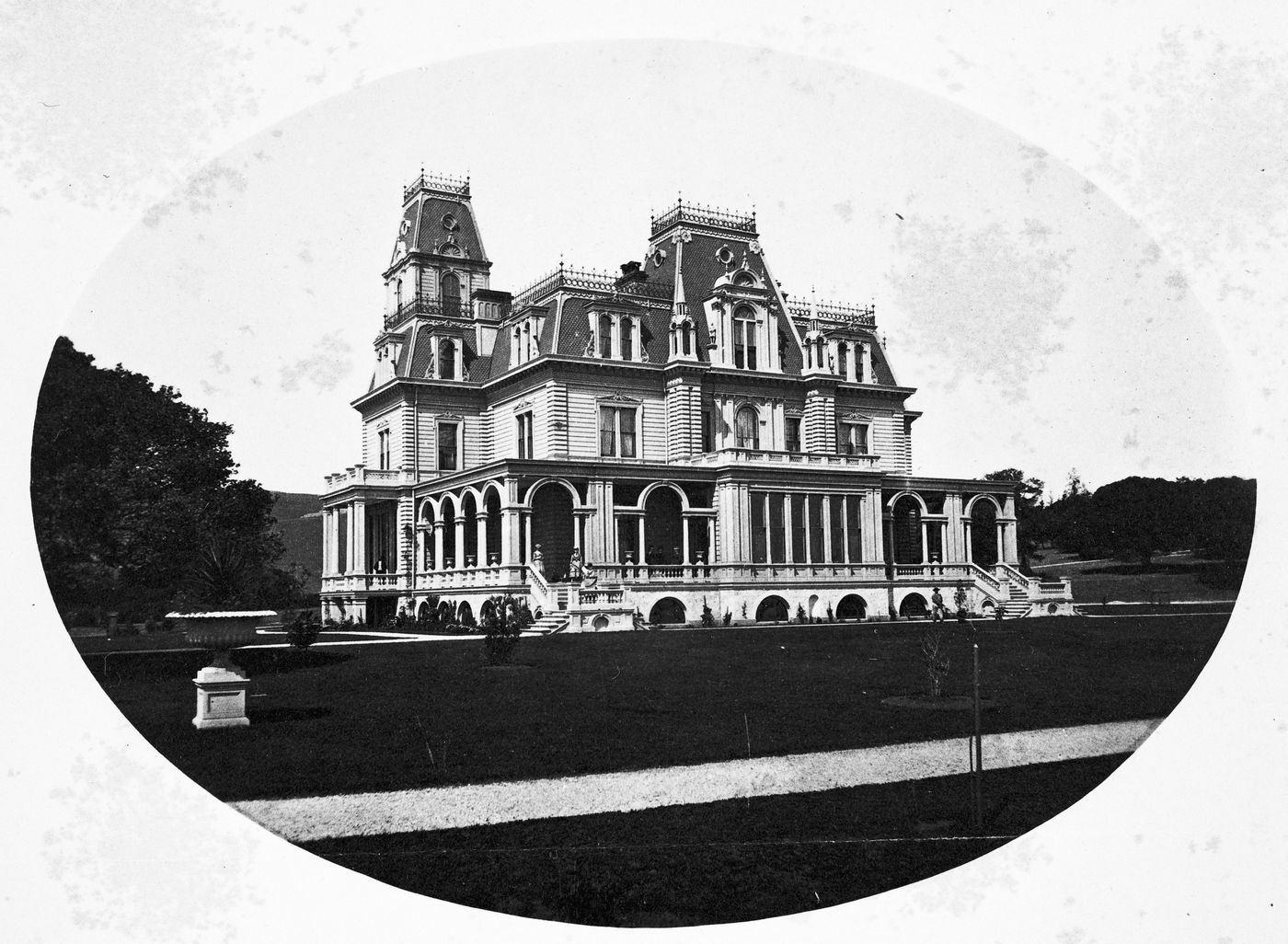 View of rear exterior of Millbrae, home of D.O. Mills, San Mateo County, California