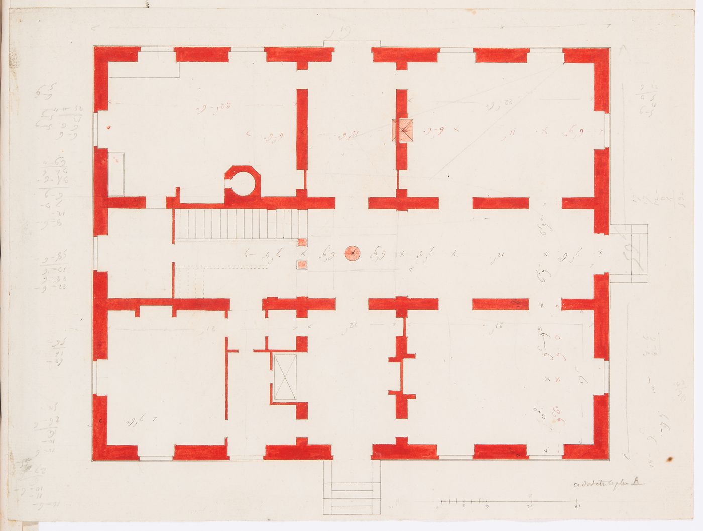 Project for an unidentified country house with a central skylight: Ground floor plan; verso: Sketch plans and details for an unidentified building