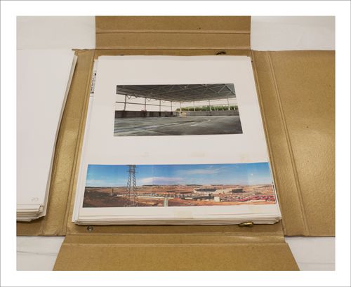 Proofs of Relevance: View of a photographic layout for a portfolio showing interior and panoramic views of the Parquesol Sports Hall, Abalos & Herreros (1988-1991), Valladolid, Spain