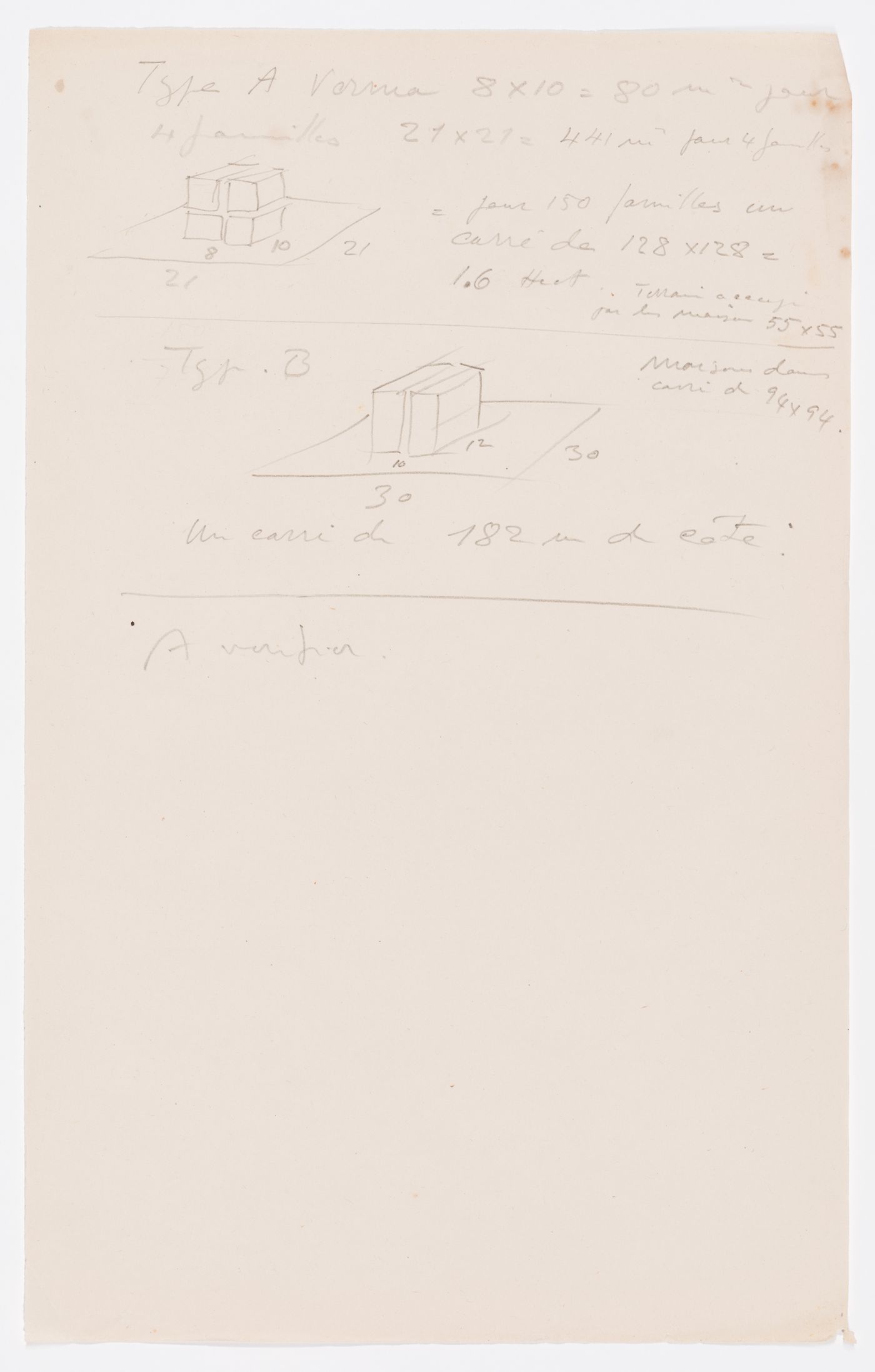 Sketches and notes for dwellings and building possibly in Chandigarh, India