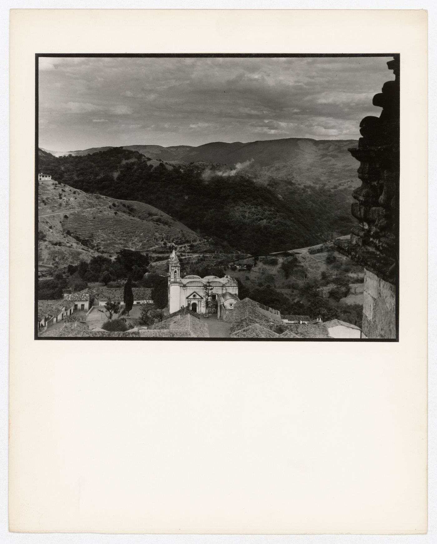View of a church, valley and hills, from Santa Prisca, Taxco de Alarcón, Mexico