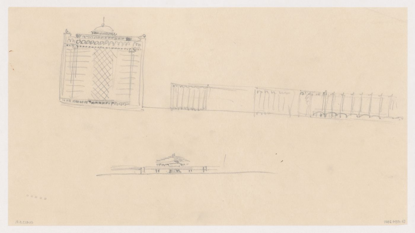 Sketch street elevation for the reconstruction of the Hofplein (city centre) showing Industriegebouw Plan A and other mixed-use developments and sketch elevation for Café Viaduct, Rotterdam, Netherlands