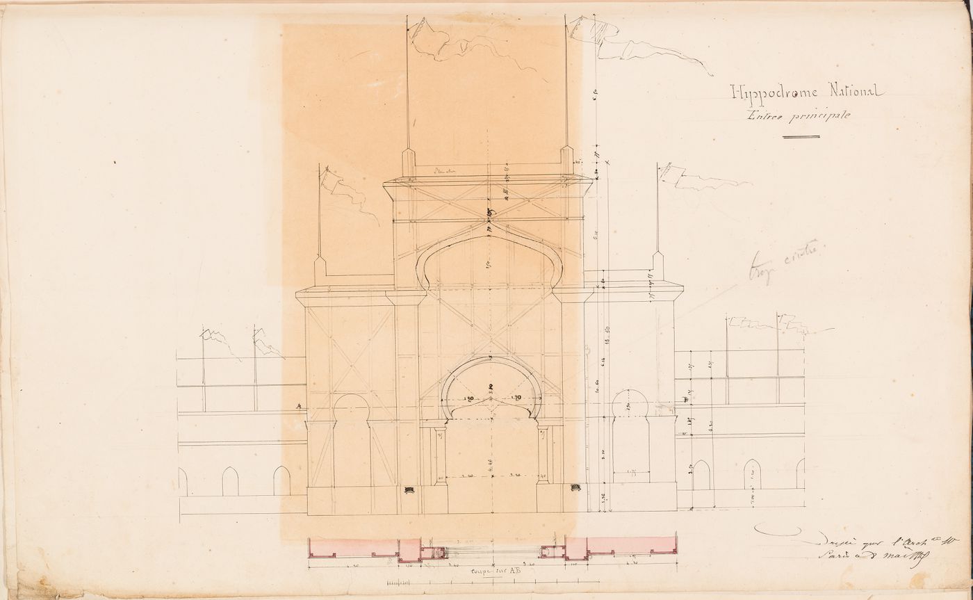 Hippodrome national, Paris: Elevation and plan for the principal entrance showing the wood framing