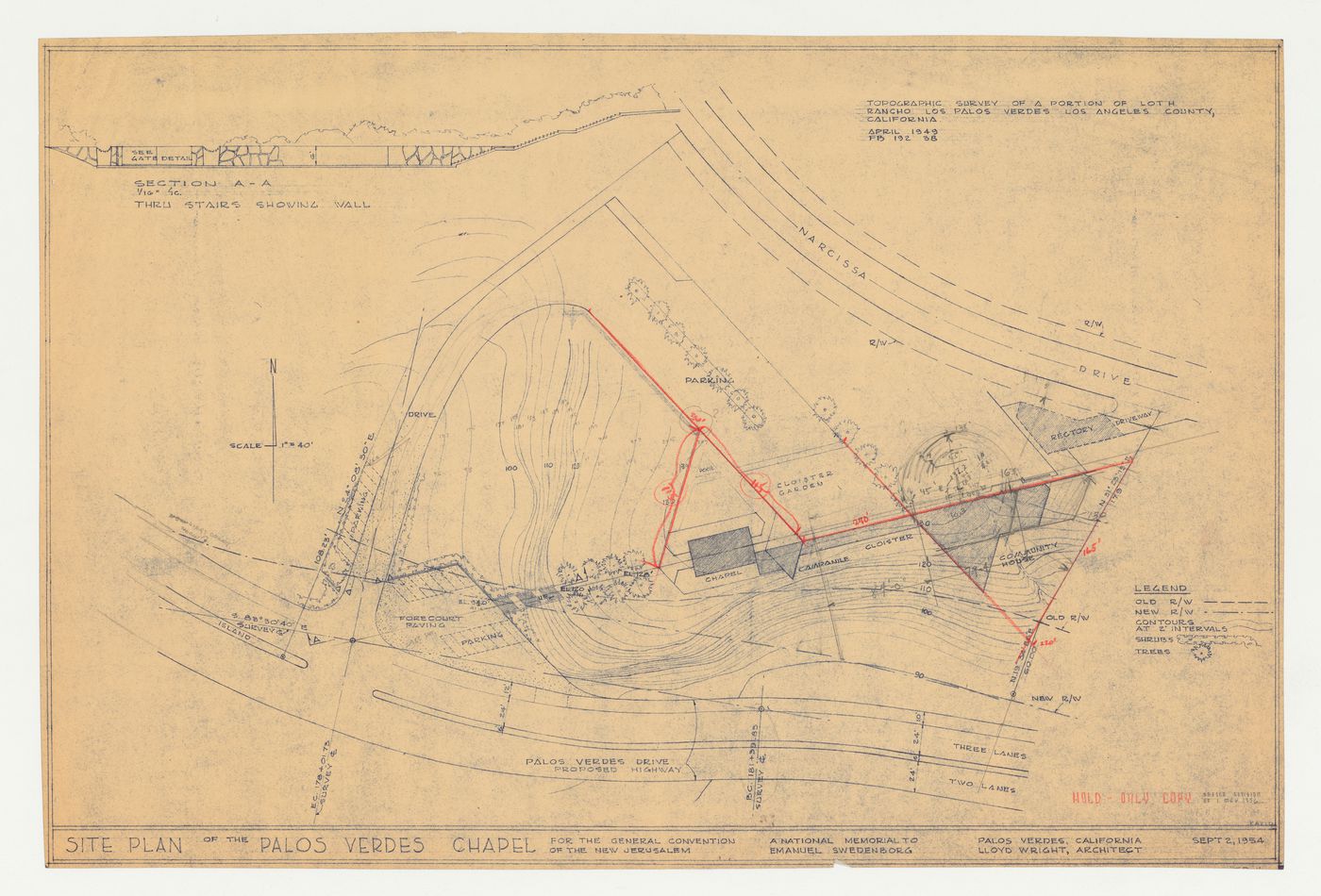 Wayfarers' Chapel, Palos Verdes, California: Block plan with section showing gates