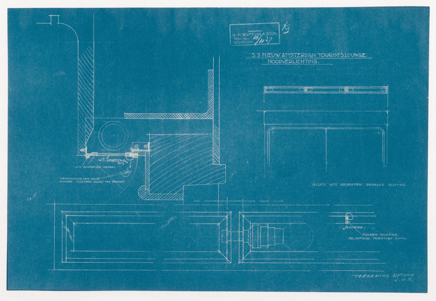 Elevation, partial elevation and section for emergency lighting for the tourists' lounge for the S.s. Nieuw Amsterdam