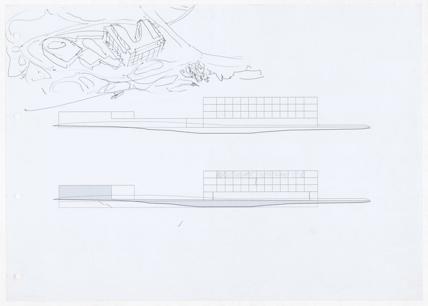 Sections and sketch axonometric views for Parque de Pedras Salgadas, Hotel Avelames, Spa e Casa de Chá, Pedras Salgadas, Portugal