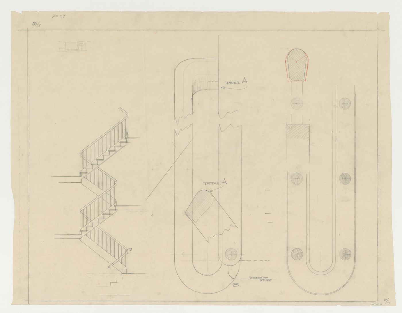 Elevation and sectional details for stairs and a balustrade, possibly for Hellerhof Housing Estate, Frankfurt am Main, Germany