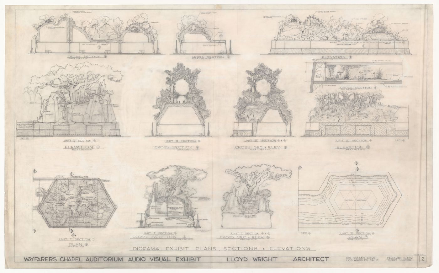 Wayfarers' Chapel, Palos Verdes, California: Three elevations for Swedenborgian educational models for the auditorium audiovisual exhibition