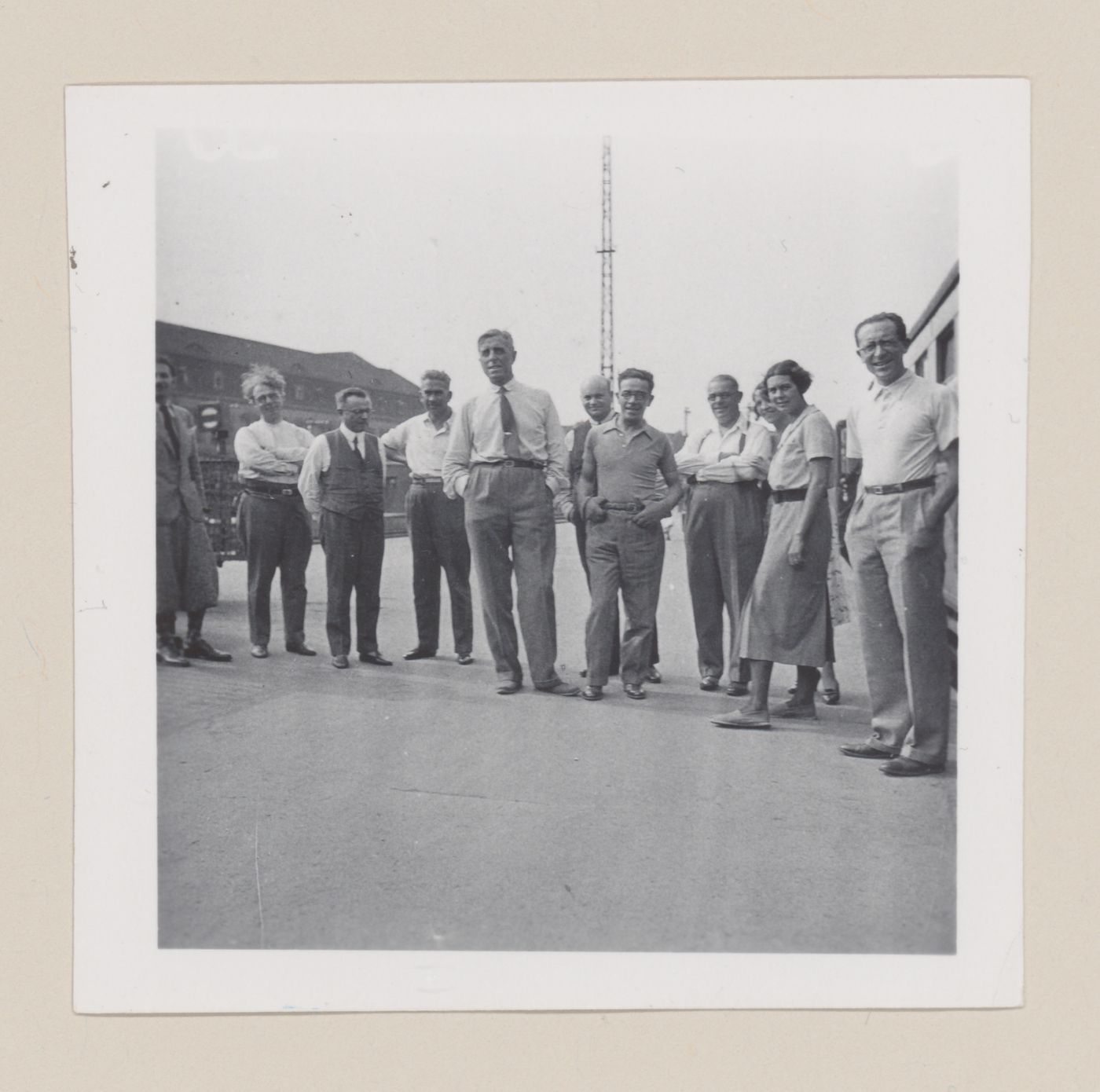 Group portrait of study tour members on a train stop, Hannover, Germany