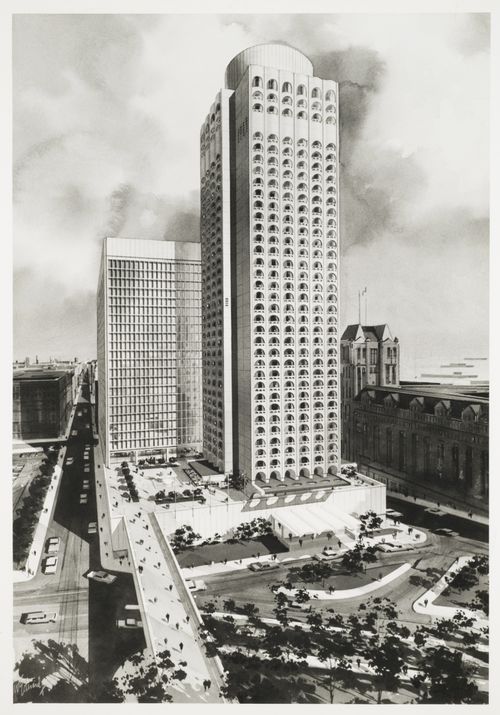 Édifice Place du Canada et hôtel Château Champlain, Montréal, Québec : Photographie d'un dessin de présentation