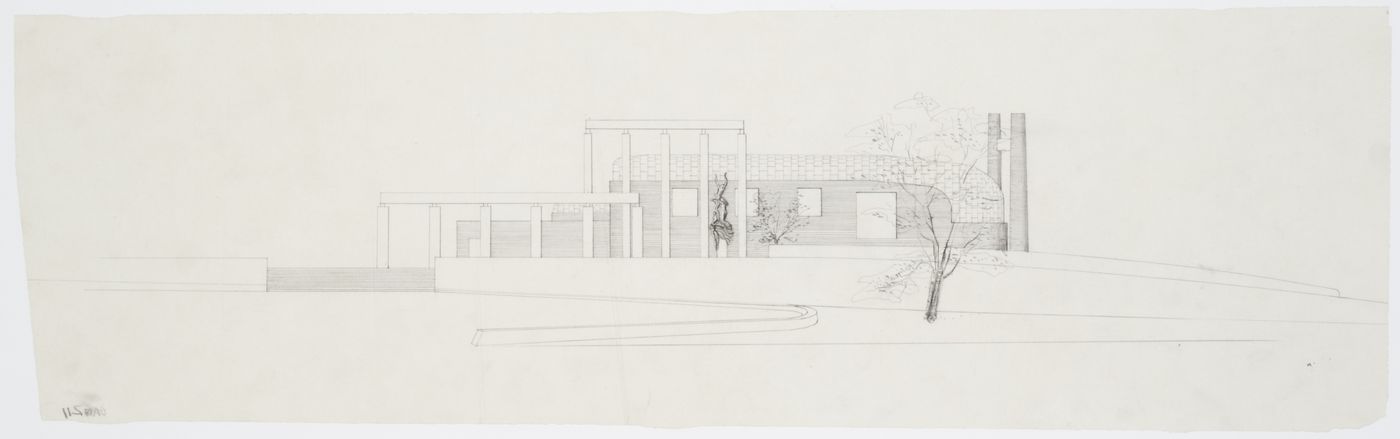 South elevation for Monument Hall and the Chapel of the Holy Cross showing Resurrection Monument, Woodland Crematorium, Woodland Cemetery, Stockholm, Sweden