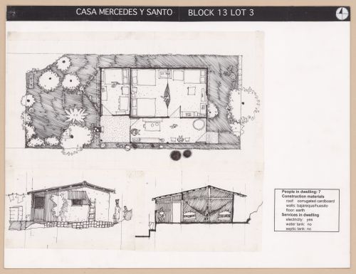 Presentation panel with floor plan, section, and elevation of Casa Mercedes y Santo for the Urban Upgrading project La Esperanza, in Zihuatanejo, Mexico