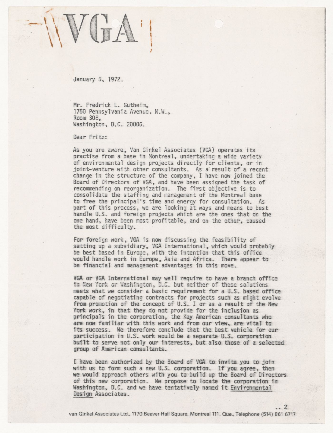 Letter from Douglas Shadbolt to Frederick Gutheim for United States One (U.S. 1)