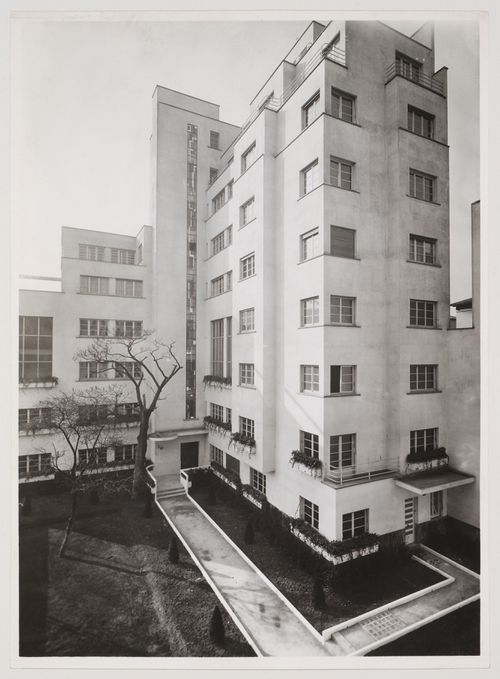 Elevated corner view of apartment block, no. 7, rue Méchain, Paris, France