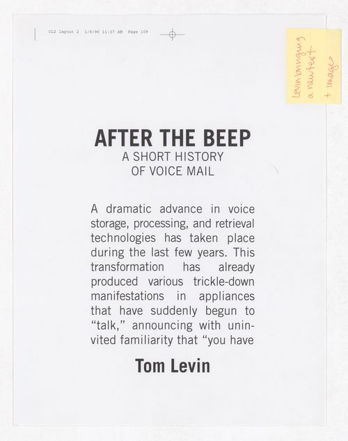 After the Beep: A Short History of Voice Mail by Tom Levin title page for Culture Lab 2 book