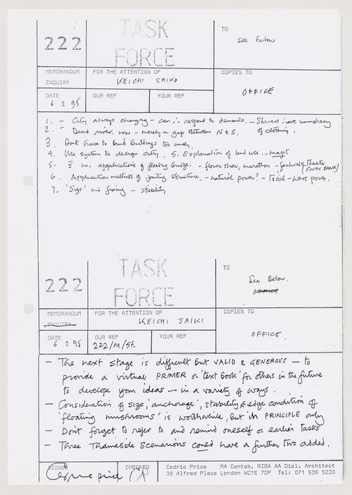 Memorandums written by Cedric Price for the attention of Keiichi Saiki in the context of the Task Force Diploma Unit at the Architectural Association, London, England