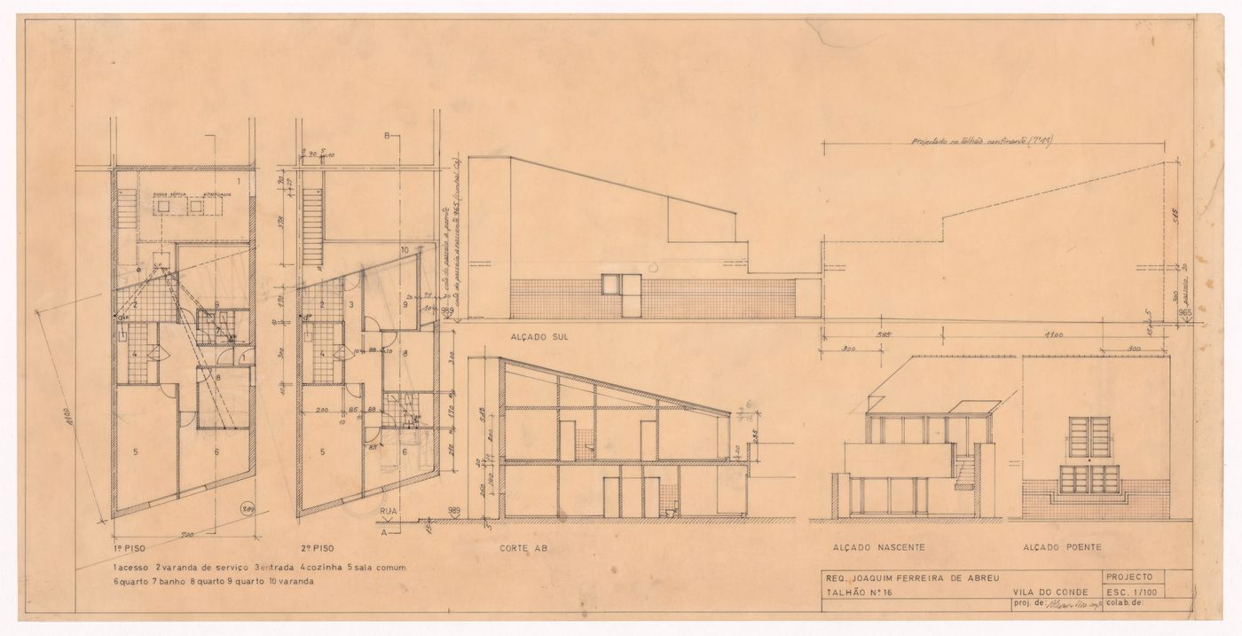 Plans, elevations and section for 16th plot of Conjunto Habitacional em Caxinas, Vila Cova - Vila do Conde, Portugal