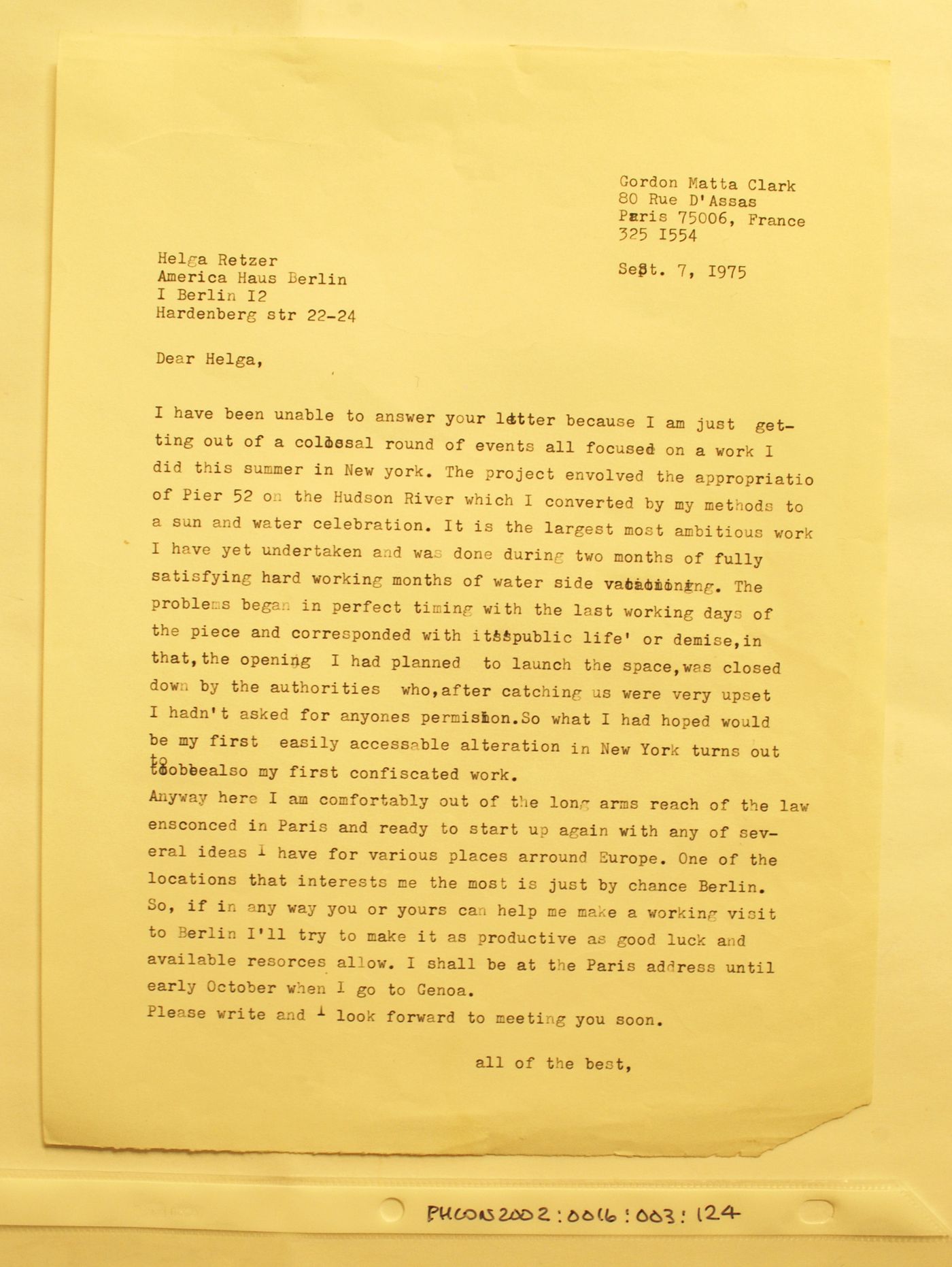 Letter from Gordon Matta-Clark to Helga Retzer