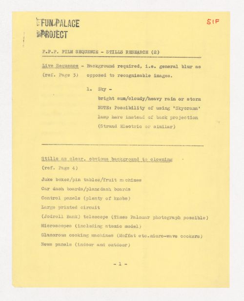 Notes on a film sequence for Fun Palace Project film